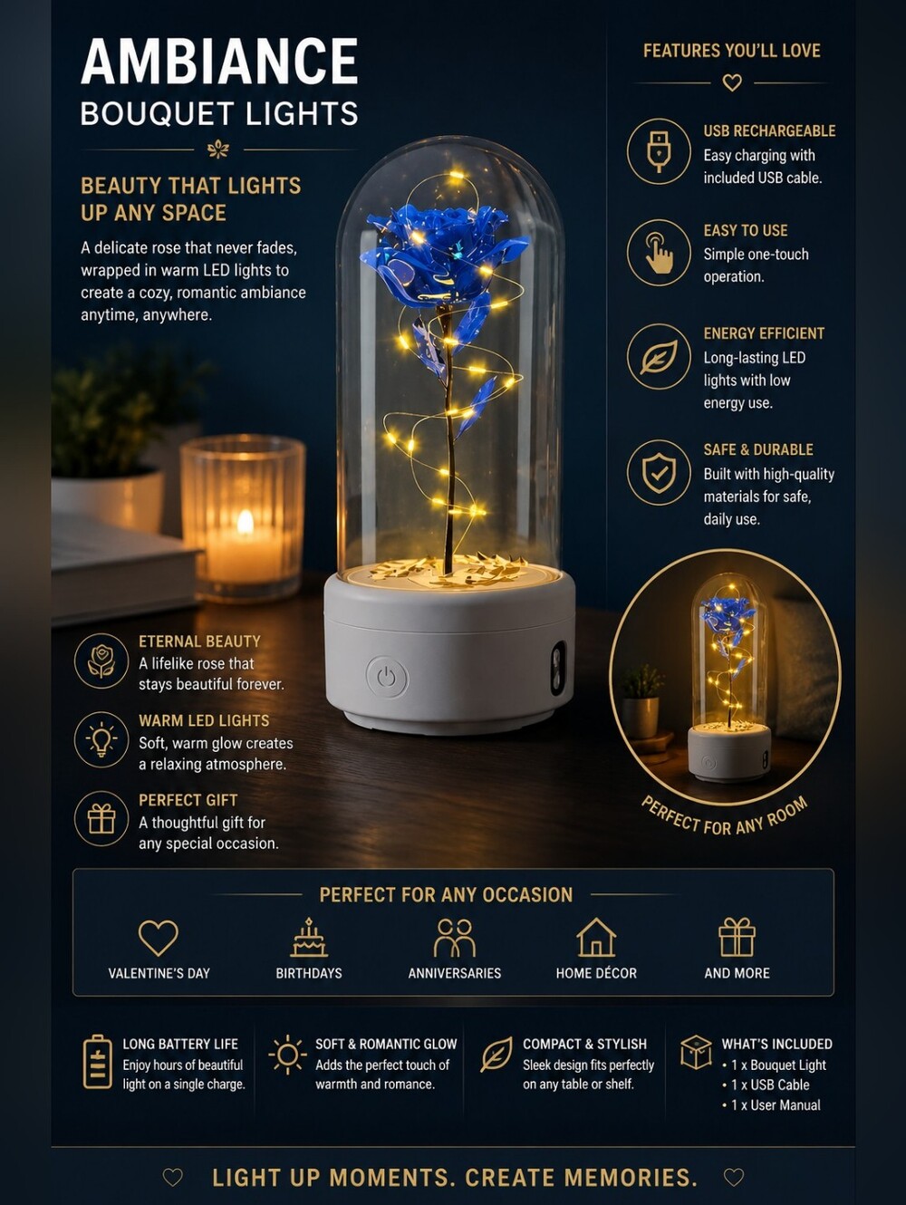 Ambiance LED Rose Dome Night Lamp - Blue and Gold
